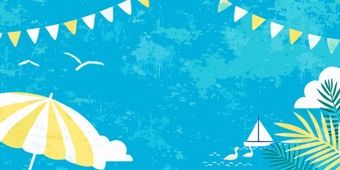 Summer beach illustration with pennant banners sailboat and parasol against a textured turquoise background vector flags boat umbrella palm leaf tropical vacation holiday © Shamal