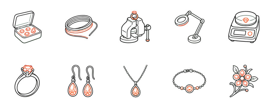 Gemstones materials and finished jewelry icons collection