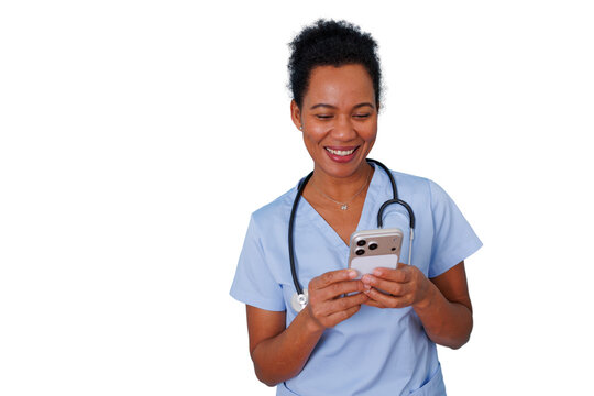 Female nurse using smartphone, smiling during telehealth consultation, healthcare worker on transparent background