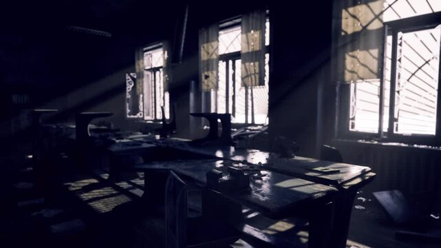 Sunlight through blinds across wooden desks, dust motes drifting in rays, chalkboard glow, scattered papers, stillness suggesting memory and classroom past.