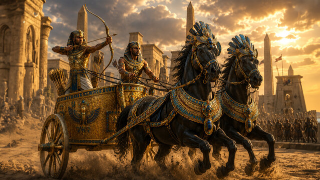 Ancient Egyptian Pharaoh Archer Riding Golden War Chariot at Sunset