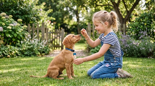 Young girl teaching her golden retriever puppy a trick in a sunny garden dia das crian&ccedil;as