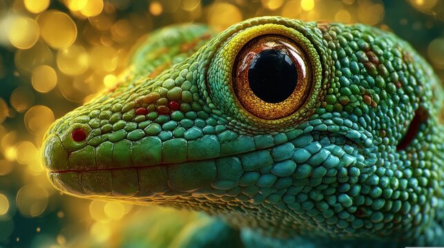 Close up of a green lizard with large eyes and golden bokeh background