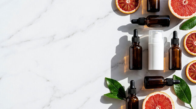 Top view of vitamin C serum bottles and a white pump container in skincare cosmetics set flat lay arrangement on white marble table with fresh orange slices