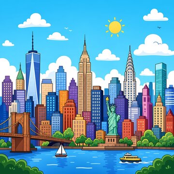 Colorful New York City skyline with iconic landmarks.