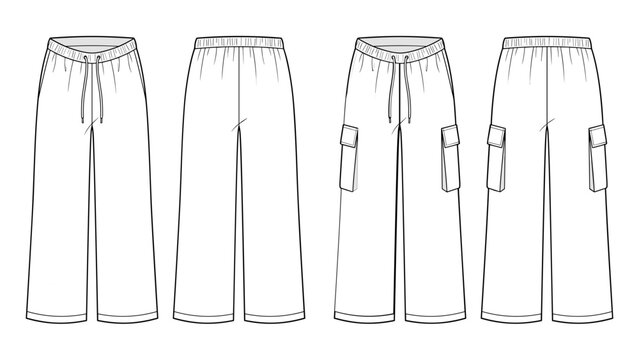 double layer waistband streetwear cargo pants and joggers flat sketch vector illustration modern technical cad drawing template front and back view