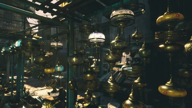 Dense brass lamps filling marketplace ceiling, intricate glass lanterns suspended from beams, warm amber glow casting patterned shadows, crowded layered display