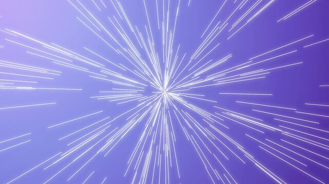 A seamless 4K motion graphic featuring stars stretch into bright trails during a rapid hyper jump through deep purple space.