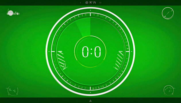 Futuristic Digital Countdown Timer Interface with Glowing Green Screen and Circular Progress Bar Displaying Zero Time