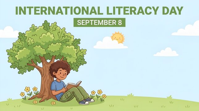 Boy reading book under tree, International Literacy Day celebration