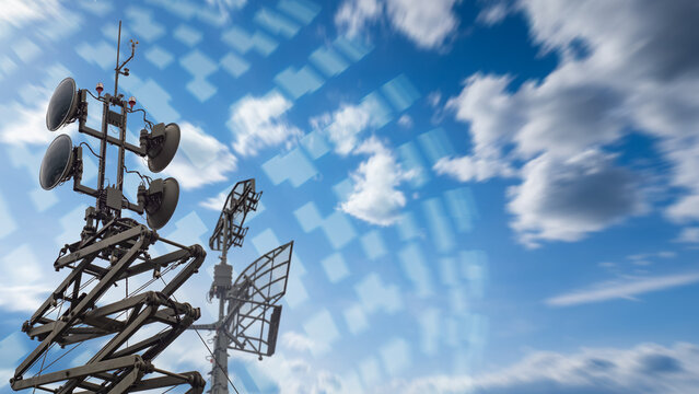 Telecommunications infrastructure, antenna towers and broadcast equipment against blue sky with digital data transition effect, wireless signal transmission industry