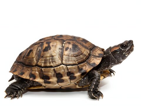 Close-up portrait of a mature wild turtle with detailed shell and textured skin on white background