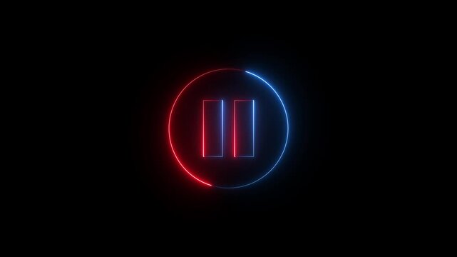 Glowing neon media player pause icon animation video and audio play stop control circle pause button sign symbol on black background.4k loop motion video..
