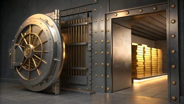 Large heavy steel vault door open to reveal a secure room filled with stacks of gold bars