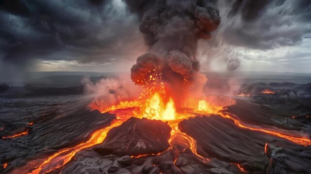 Volcanic eruption spewing lava and thick smoke into dark stormy sky. Powerful geological activity with molten flows and ash clouds. Lockdown wide shot.