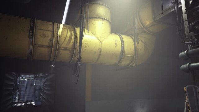 Closeup yellow pipe junction with texture, worn bolts and wiring, subtle condensation on flanges, industrial grit and soft hazy light emphasizing material