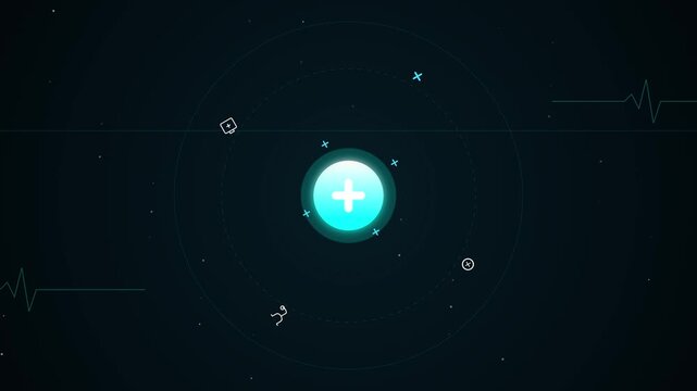 A seamless 4K motion graphic featuring a teal medical technology interface combines orbiting symbols, ECG lines and a glowing central cross.