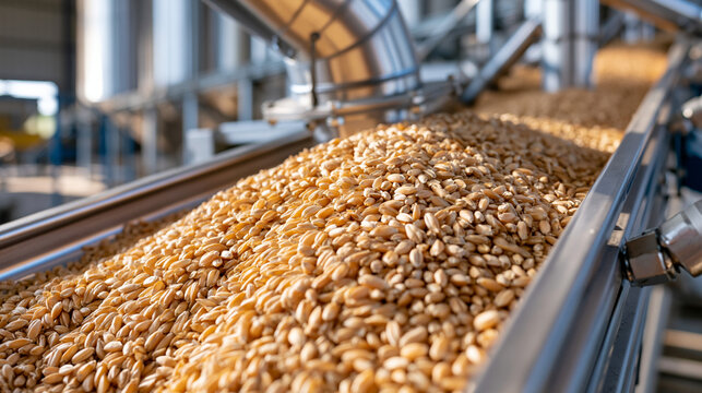 Close up of golden wheat flowing along a modern industrial conveyor belt inside a grain elevator, clean agricultural processing facility with stainless steel equipment, ultra photorealism, cinematic