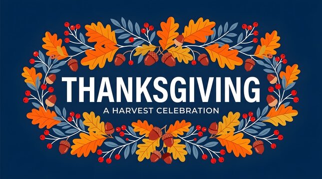 This vibrant thanksgiving image showcases a beautiful autumnal wreath of colorful leaves centered around the word 'thanksgiving' in bold white lettering representing gratitude and harvest
