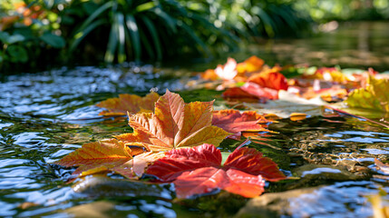 Obraz premium Close view of colorful leaves floating across a crystal clear forest stream surrounded by lush vegetation beginning its autumn transformation, ultra photorealism, cinematic color correction, natural