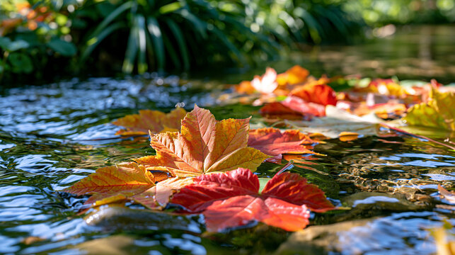 Close view of colorful leaves floating across a crystal clear forest stream surrounded by lush vegetation beginning its autumn transformation, ultra photorealism, cinematic color correction, natural