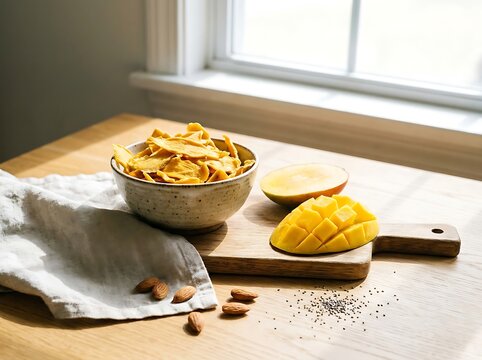 Bowl of dried mango slices with fresh fruit and almonds on a wooden table by a bright window. dried mango flakes