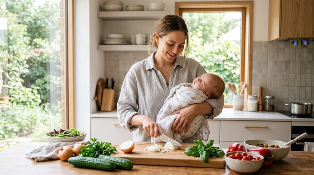 Smiling mother holding newborn baby while chopping vegetables in sunny kitchen, healthy lifestyle and multitasking parenting concept at home