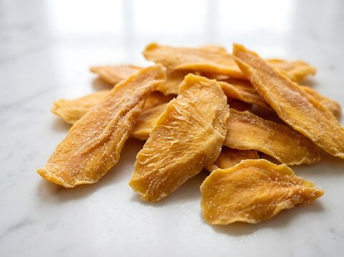 A pile of dried mango slices for a healthy snack. dried mango flakes