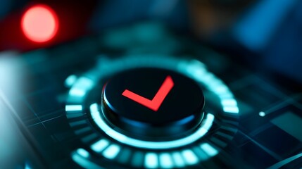 Obraz premium A glowing red checkmark button centered on a futuristic interface with blue illuminated rings and blurred tech elements