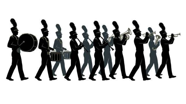Marching band musicians playing brass and woodwind instruments in black silhouette against a clean white background
