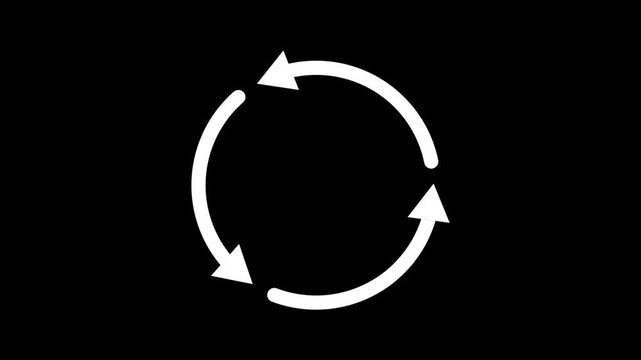 White three arrow circular rotation symbol animation. White three arrow for refresh and cycle. White three arrow icon for repeat process.