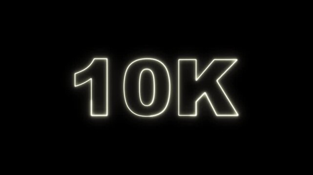 Glowing Neon 10K Number Animation with Color Changing Light Effect on Dark Background