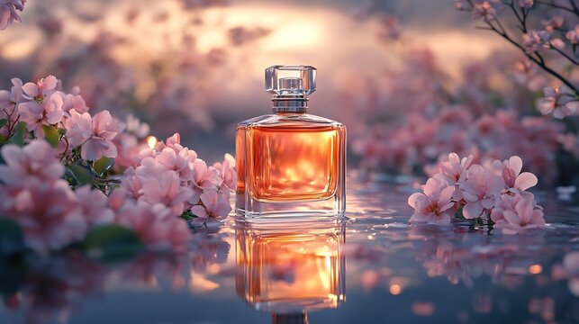 Luxury glass perfume bottle with golden liquid on reflective water surface surrounded by pink blossoms