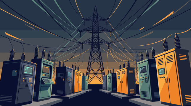 Electrical power substation vector illustration showcasing high voltage transmission tower, control cabinets and overhead lines, representing energy grid infrastructure and power distribution