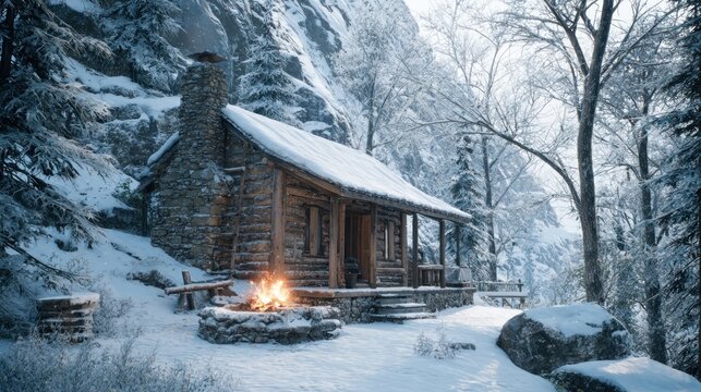 elegant snowy cabin exterior by a roaring fire,