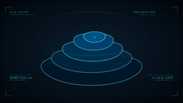 Futuristic blue digital terrain analysis hologram interface scanning 3d landscape