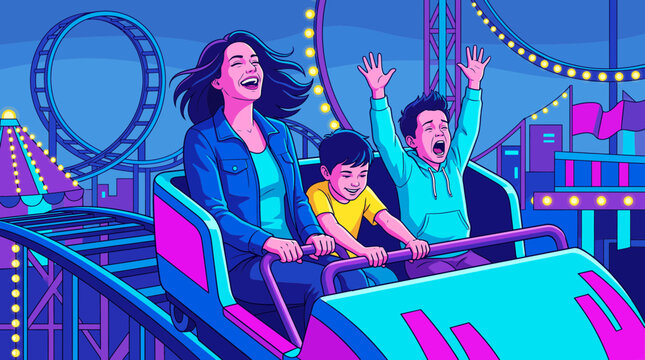 Family riding roller coaster illustration showcasing cheerful mother, excited children and illuminated tracks, representing theme park thrill and family fun