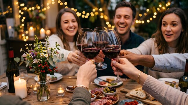 A joyful gathering of friends celebrating a special occasion outdoors raising their glasses in a toast amidst twinkling lights and a beautifully set table creating