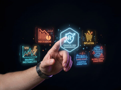 Businessman hand touching virtual screen for financial risk management with recession inflation logistics disruption market instability and global supply chain risks concepts.