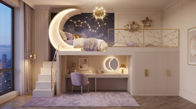 Modern luxury kids bedroom with creative celestial moon loft bed and study desk