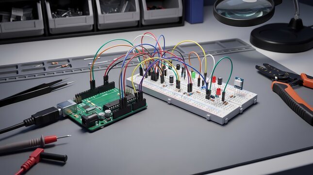 Electronics Prototyping Workspace with Microcontroller, Breadboard and Circuit Components for Engineering Project