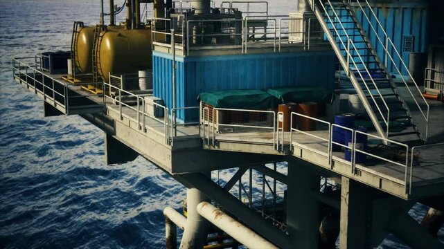 Offshore oil rig adjacent modules with service equipment and access platforms, visible piping runs, storage units and sea horizon hinting at continuous