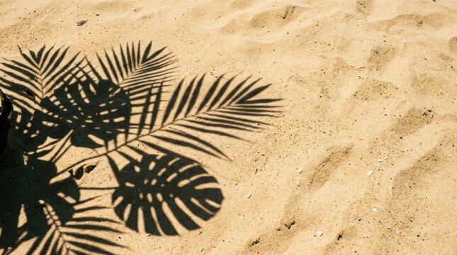 A palm frond and a monstera leaf cast dark shadows on a sandy beach.