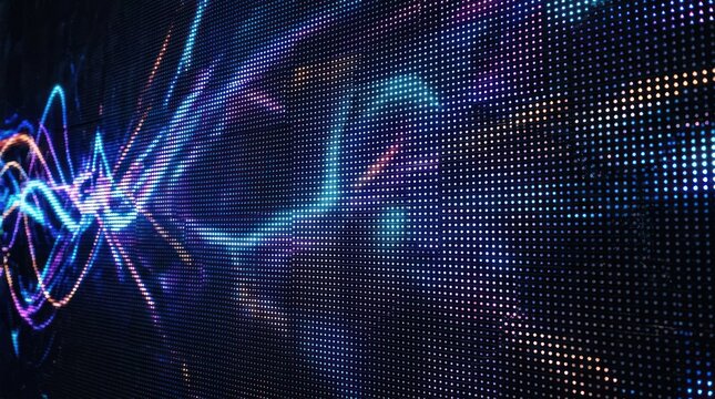 A large LED screen displays a dynamic, abstract pattern of vibrant blue, purple, and pink light streaks.