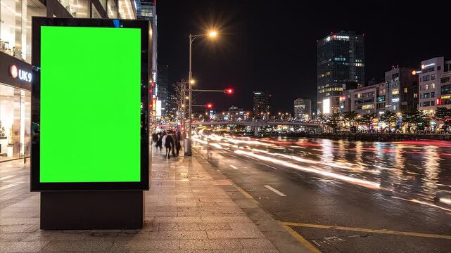 Green screen advertising lightbox beside a waterfront street with night traffic trails and reflections on the water.