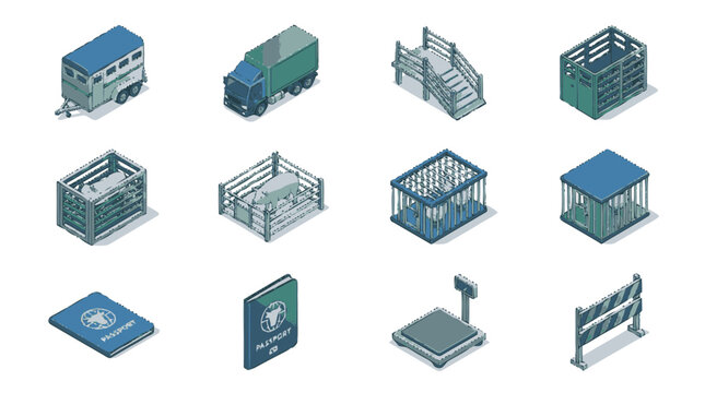 Collection of isometric icons representing animal transport, enclosures, and related equipment.