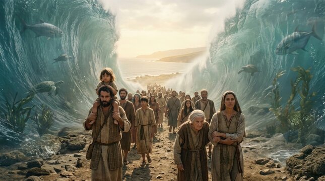 Miraculous liberation saga: Moses leader, Red Sea divide, Egyptian threat, exodus journey, divine escape, Bible narrative, religion belief, theology concept, spiritual symbolism, vast atmosphere.