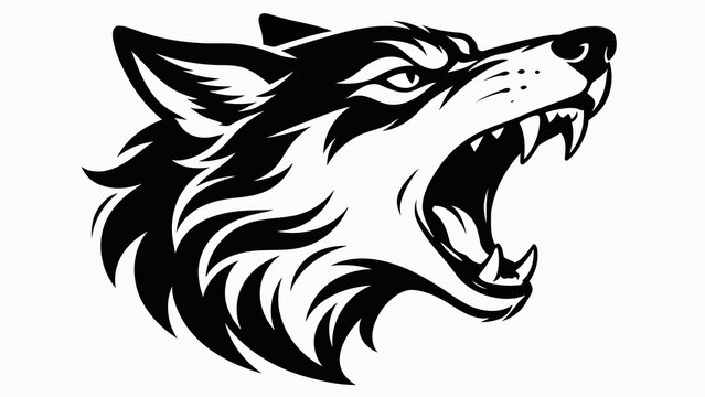 A black and white vector drawing of a wolf's head in a fierce howling pose, stylized with bold, sharp lines and detailed fur texture, against a plain white background.