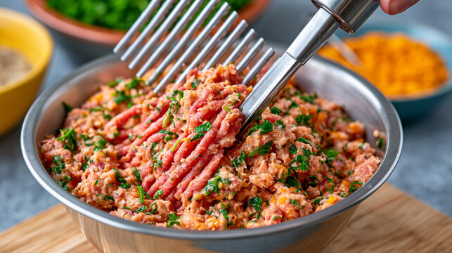 Stainless steel cutter mixing finely ground chicken mince with herbs while polished bowls of seasoning create a balanced commercial composition, ultra photorealism, cinematic color correction, natur