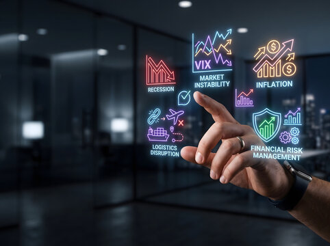 Businessman interacting with digital interface analyzing recession inflation and market instability for effective financial risk management in office